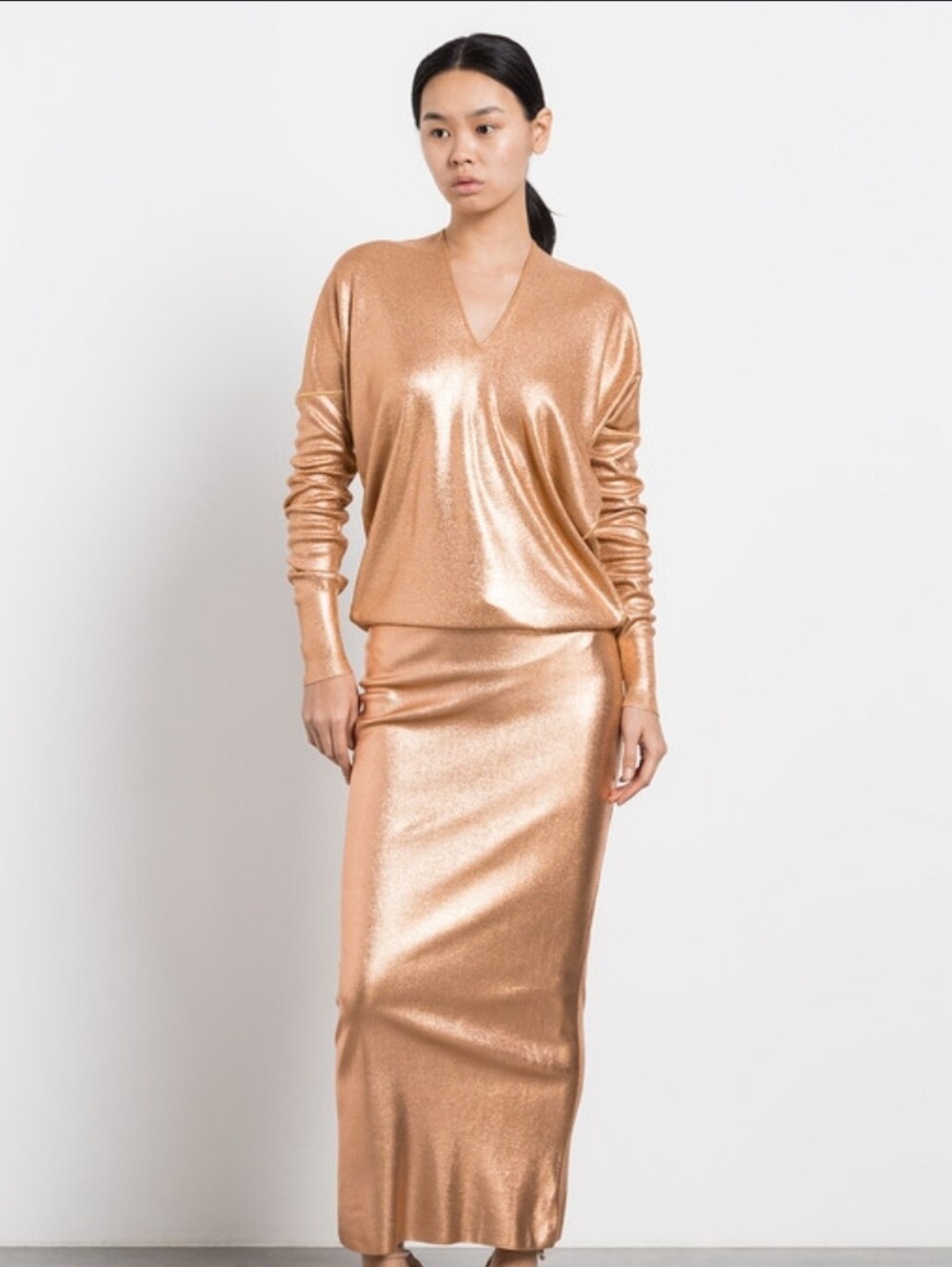 Tom Ford Gold Metallic Midi Dress XS